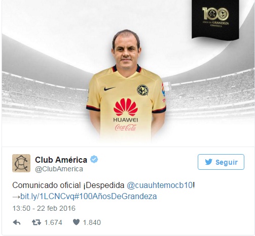 Club América anunció a través de su cuenta de Twitter el homenaje al 'Cuau' (Foto: Twitter | @ClubAmerica)