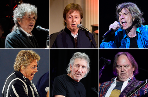 Arriba, de izq. a der.: Bob Dylan, Paul McCartney (Ex The Beatles) y Mick Jagger de The Rolling Stones.  Abajo: Roger Daltrey, de The Who, Roger Waters (ex Pink Floyd) y Neil Young. Foto: Especial.